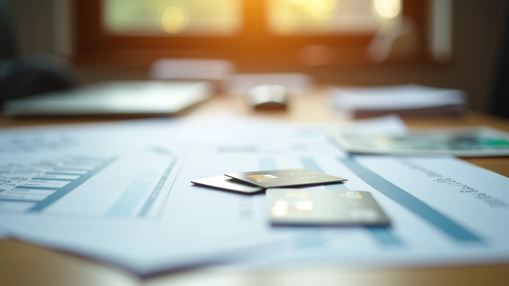 Verschiedene Bankkarten und Kontoauszüge auf einem Schreibtisch