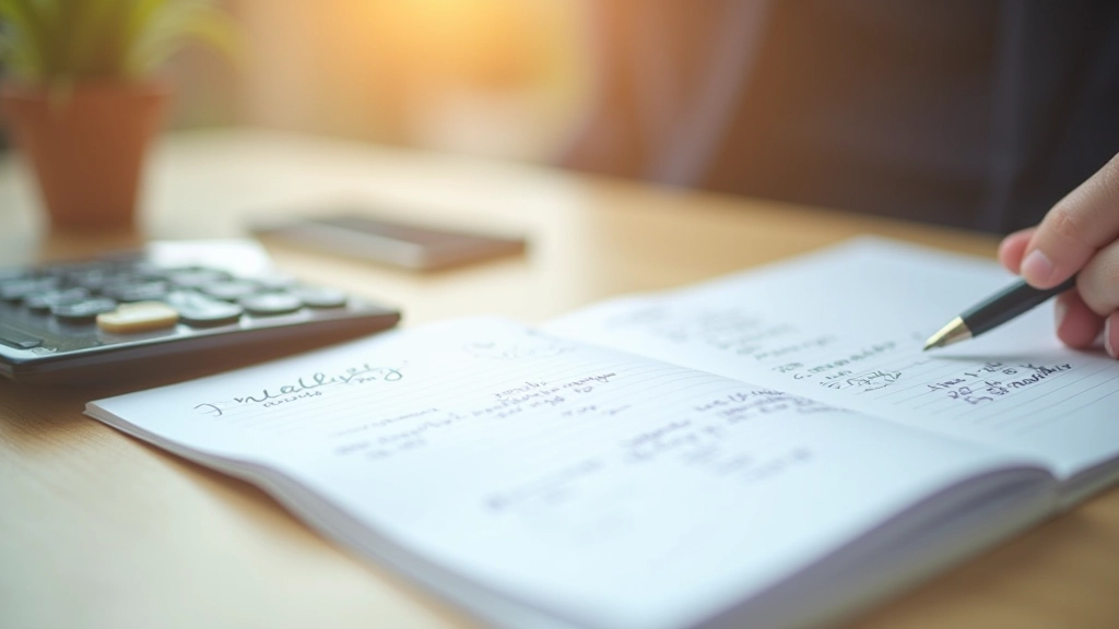 Taschenrechner und handgeschriebene Berechnung von Jahreseinsparungen auf Papier