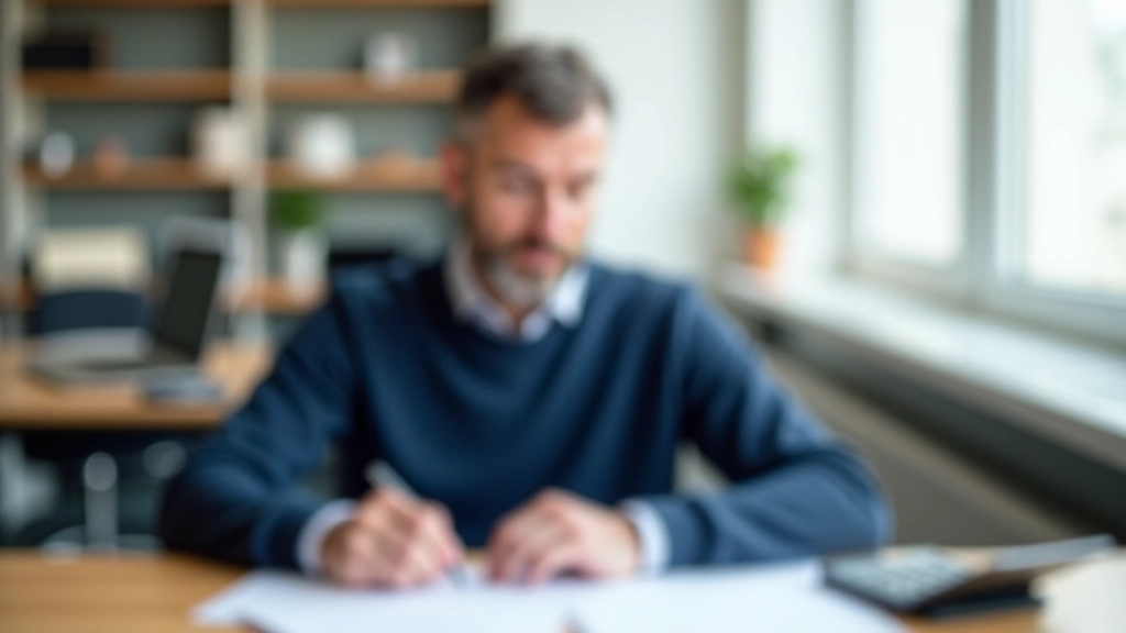 Modernes Büro mit Dokumenten und Finanzanalyse-Tools auf dem Schreibtisch, helles Tageslicht, sauberer professioneller Arbeitsplatz