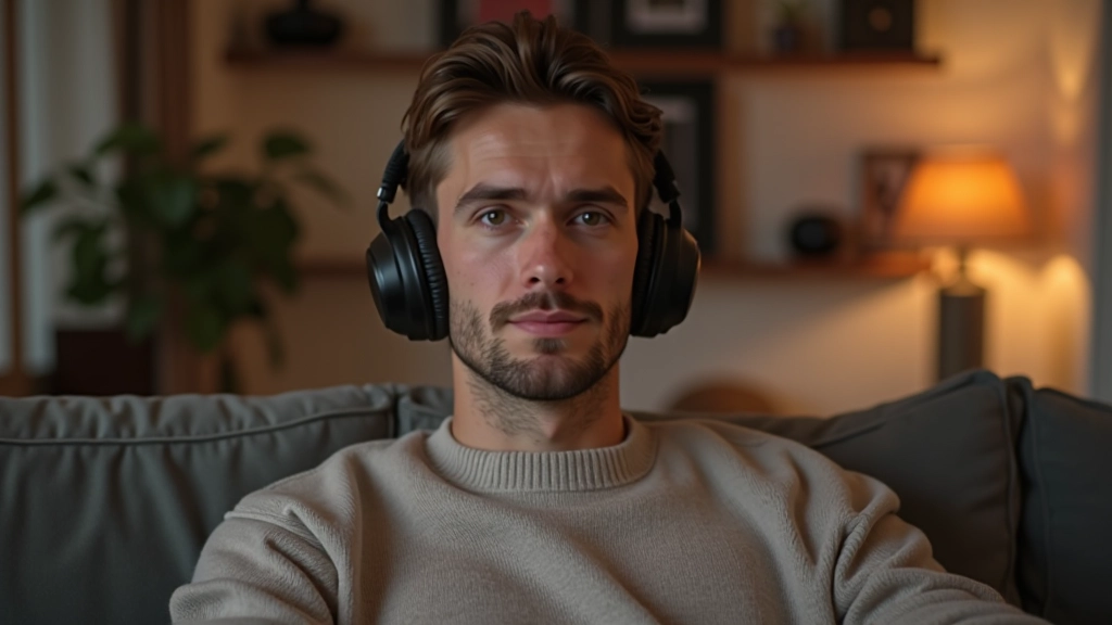 Person mit Kopfhörern hört Musik, entspannte Pose auf Sofa