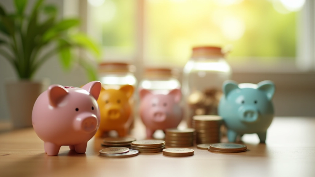 Mehrere Spardosen und Münzen auf einem Schreibtisch, symbolisch für verschiedene Sparziele