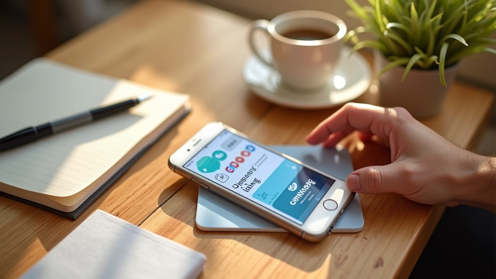 Smartphone mit Finanz-Apps auf Tisch neben Notizblock und Kaffeetasse