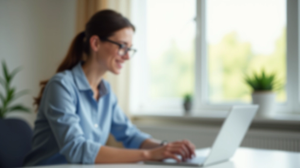 Frau vergleicht Abonnements auf ihrem Laptop, helles Büro, konzentrierter Blick